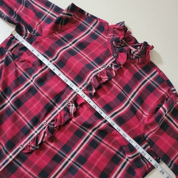 Chaps Women's Red Black Plaid Button-Down Ruffle Long Sleeve Shirt - Picture 6 of 16